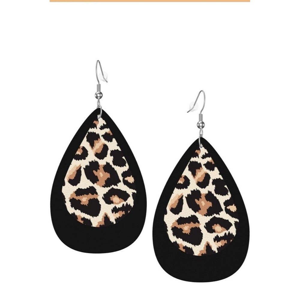 NEW Leopard Print  Teardrop Faux Leather Pierced Earrings 2.25" Lightweight!